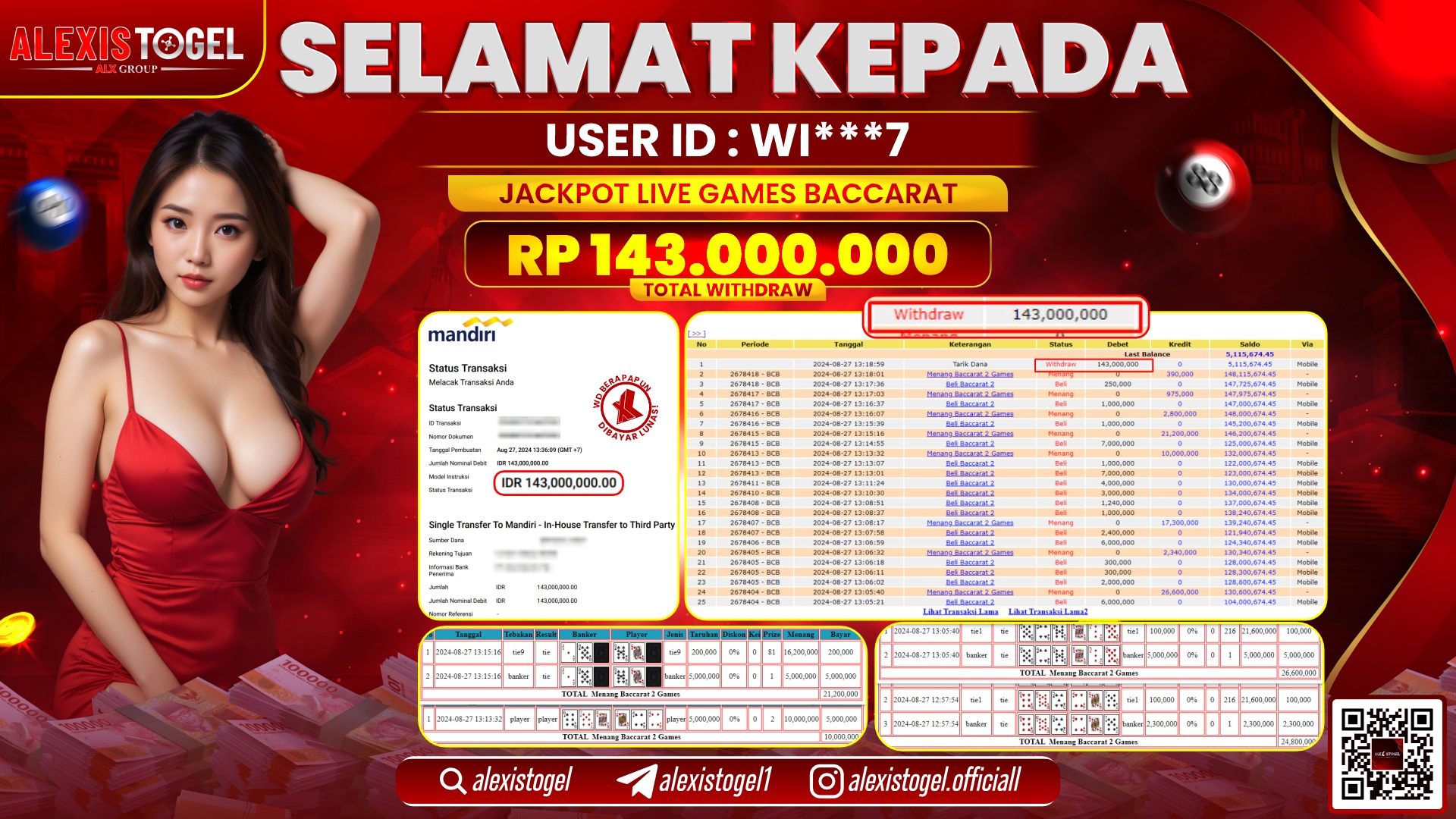 ALEXISTOGEL JACKPOT LIVE GAMES BACARRAT RP.143.000.000 LUNAS