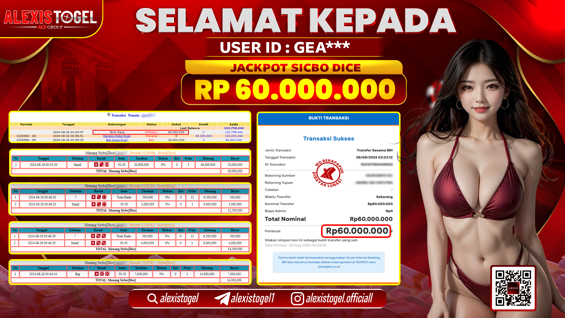 ALEXISTOGEL JACKPOT SICBO DICE RP.60.000.000 LUNAS