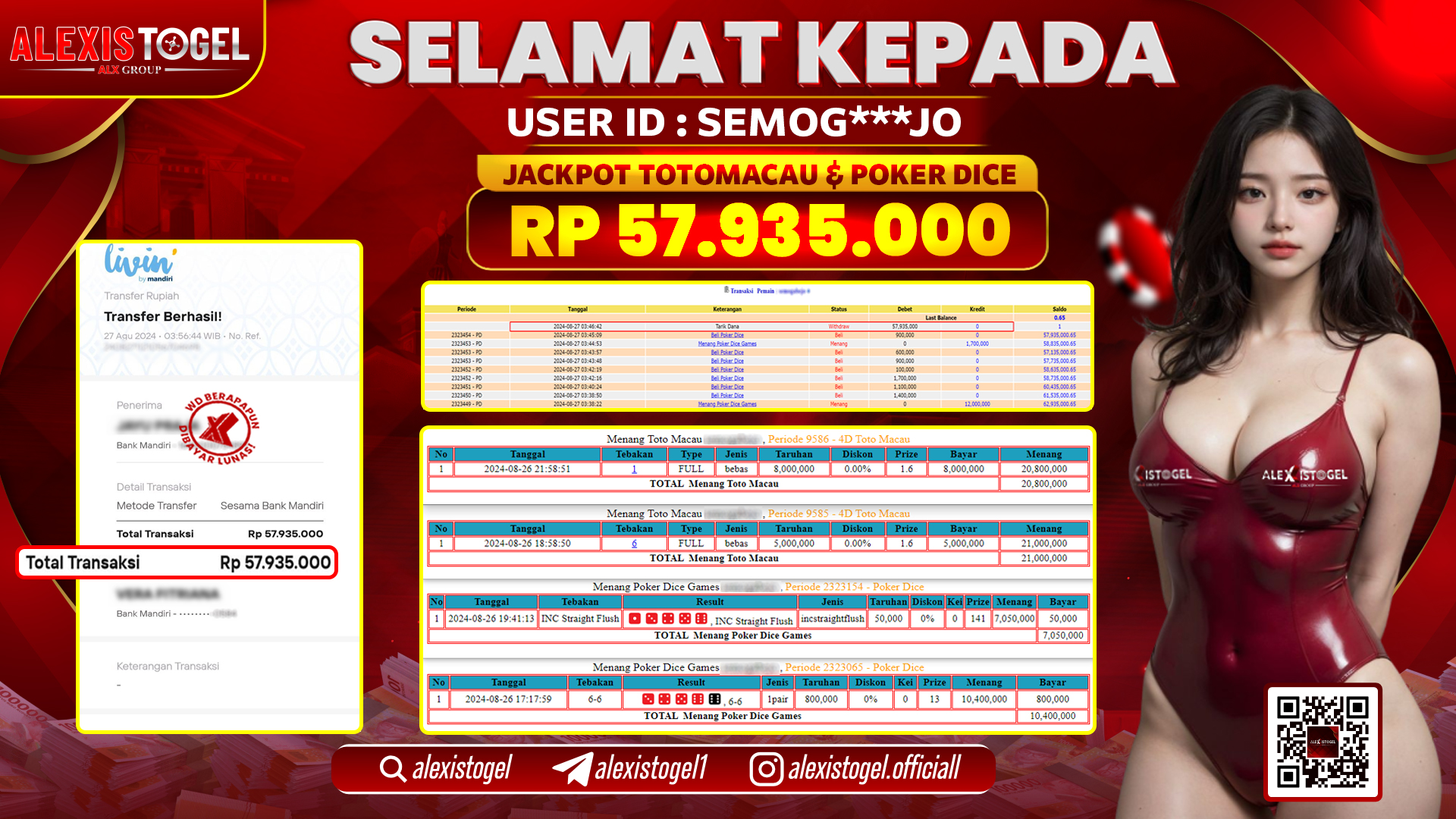 ALEXISTOGEL JACKPOT TOGEL TOTOMACAU & POKER DICE RP.57.935.000 LUNAS
