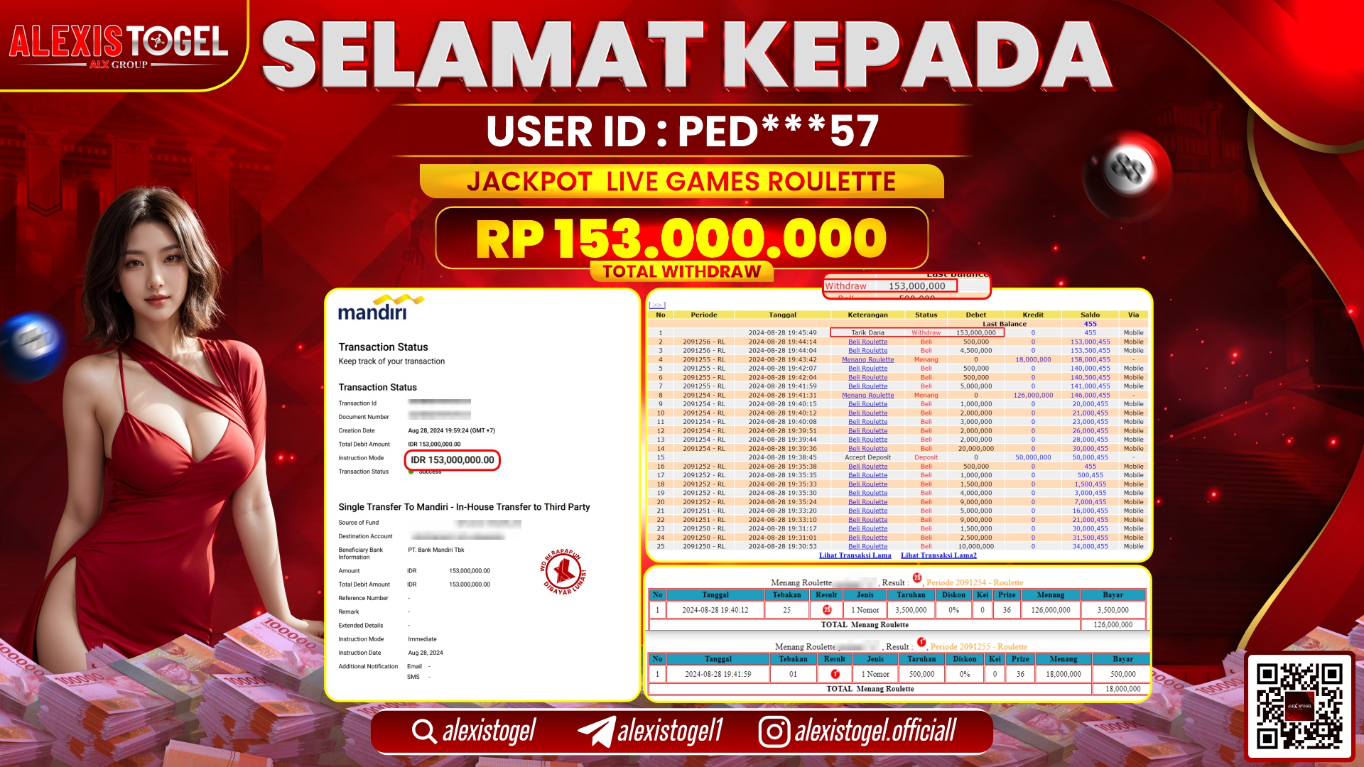 ALEXISTOGEL JACKPOT LIVE GAMES ROULETTE RP.153.000.000 LUNAS