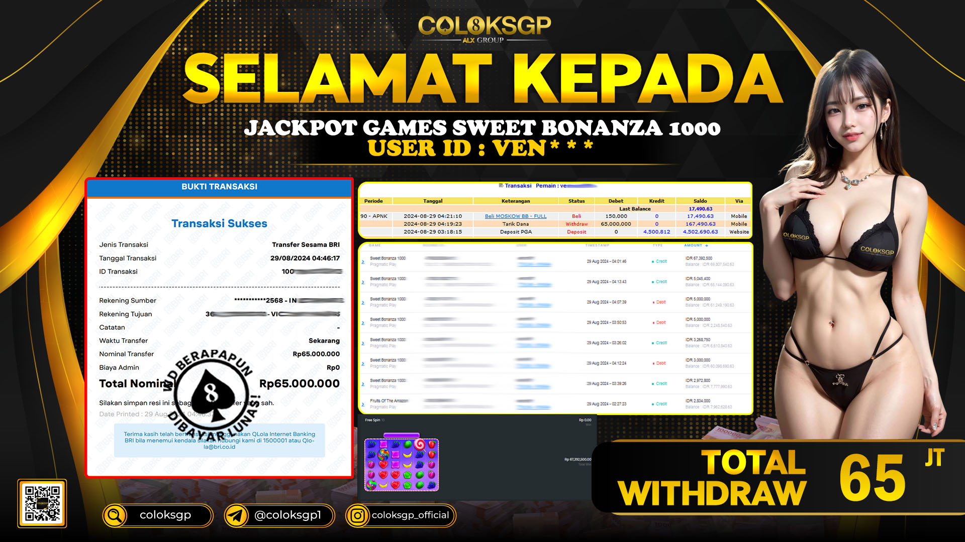 COLOKSGP JACKPOT SLOT GAMES RP 65.000.000 LUNAS