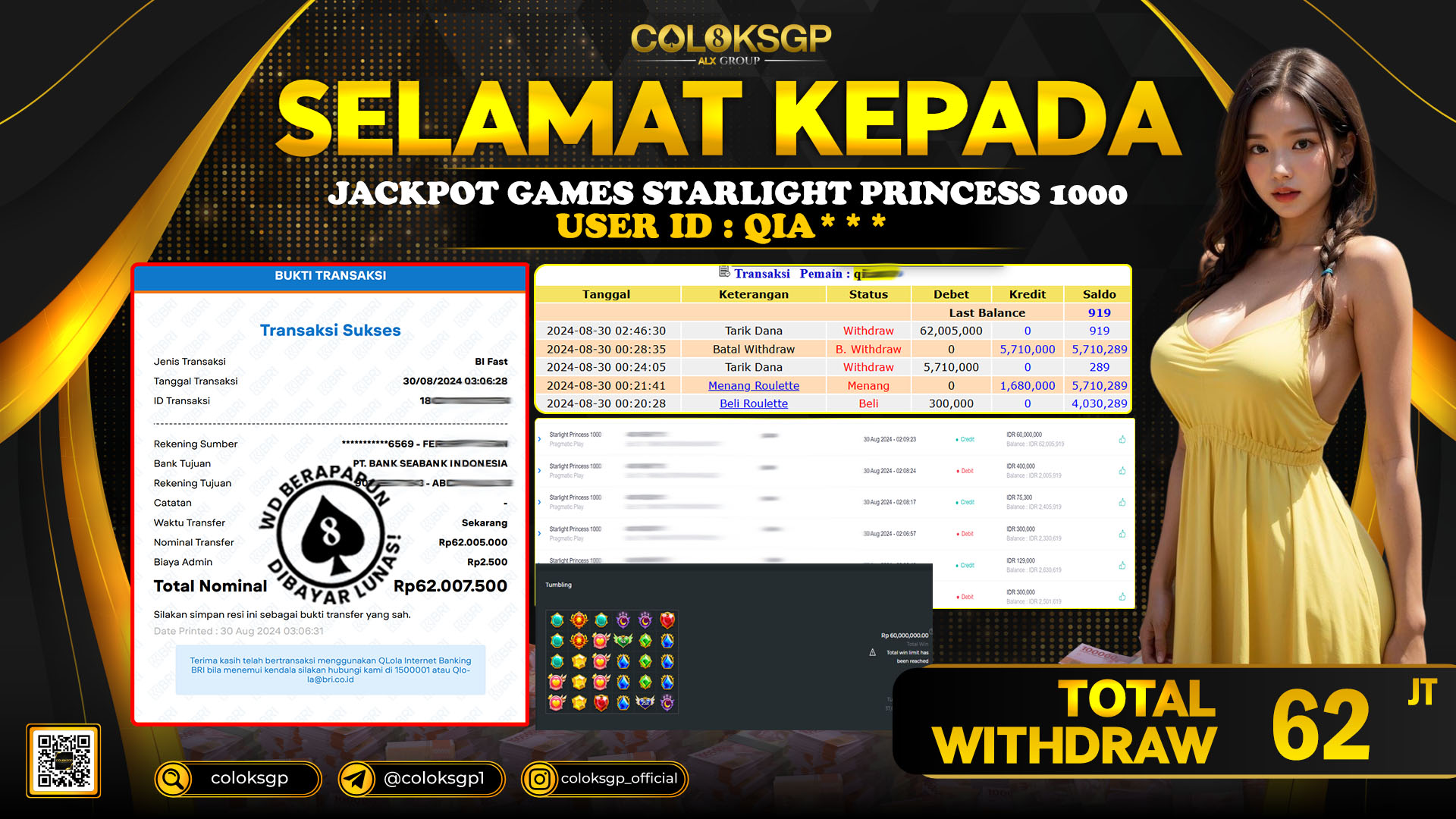 COLOKSGP JACKPOT SLOT GAMES RP 62.000.000 LUNAS