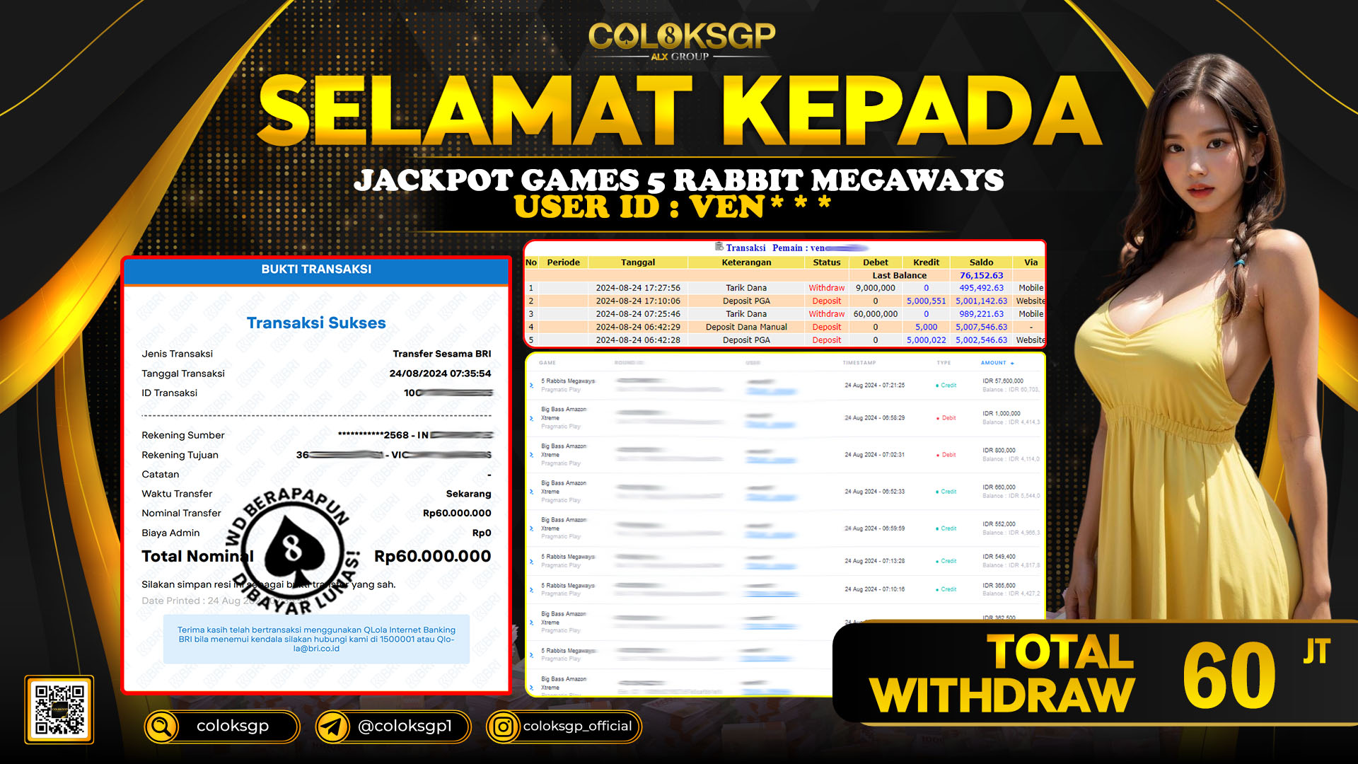 COLOKSGP JACKPOT SLOT GAMES RP 60.000.000 LUNAS