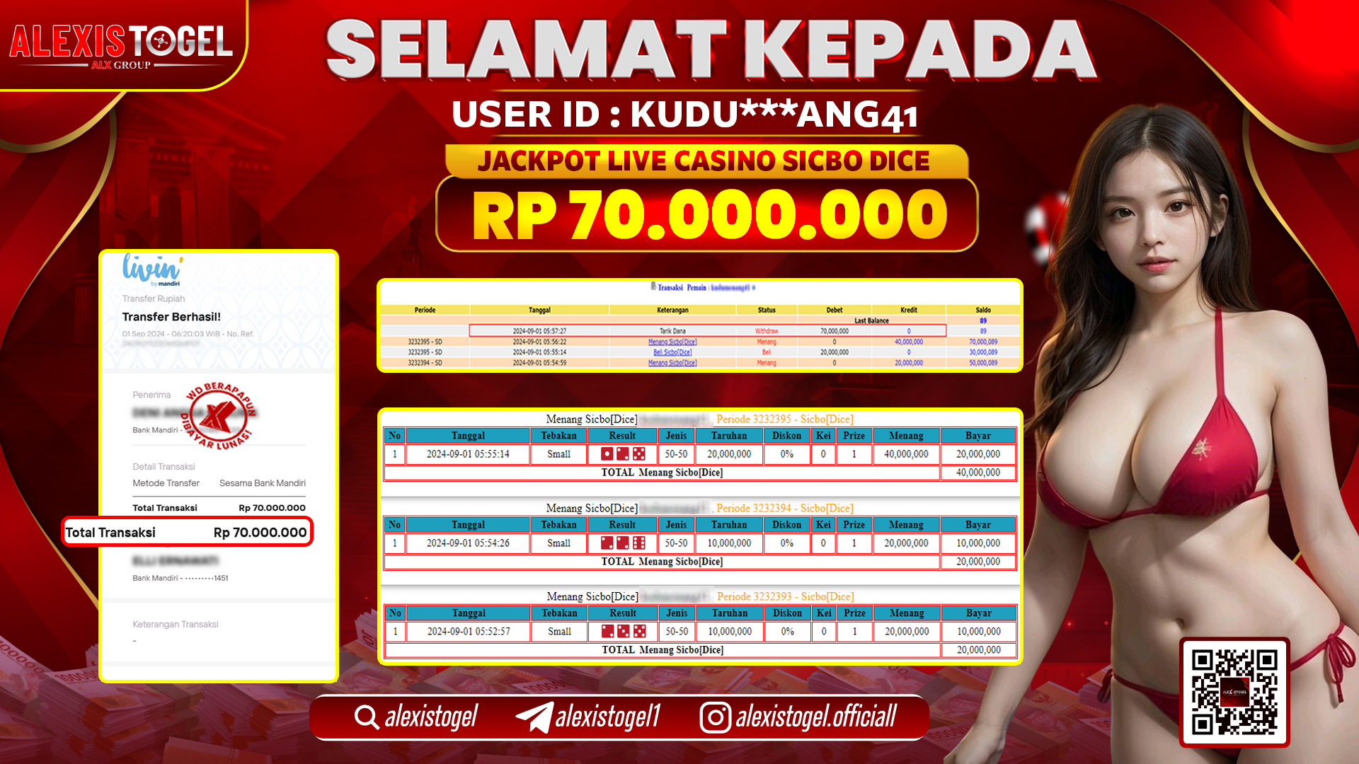 ALEXISTOGEL JACKPOT LIVE CASINO SICBO RP.70.000.000 LUNAS