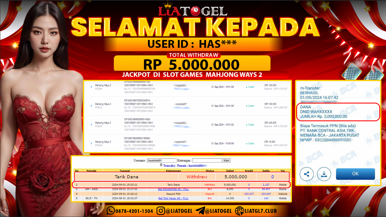 LIATOGEL - JACKPOT SLOT GAMES MAHJONG WAYS 2 RP  5.000.000,- LUNAS