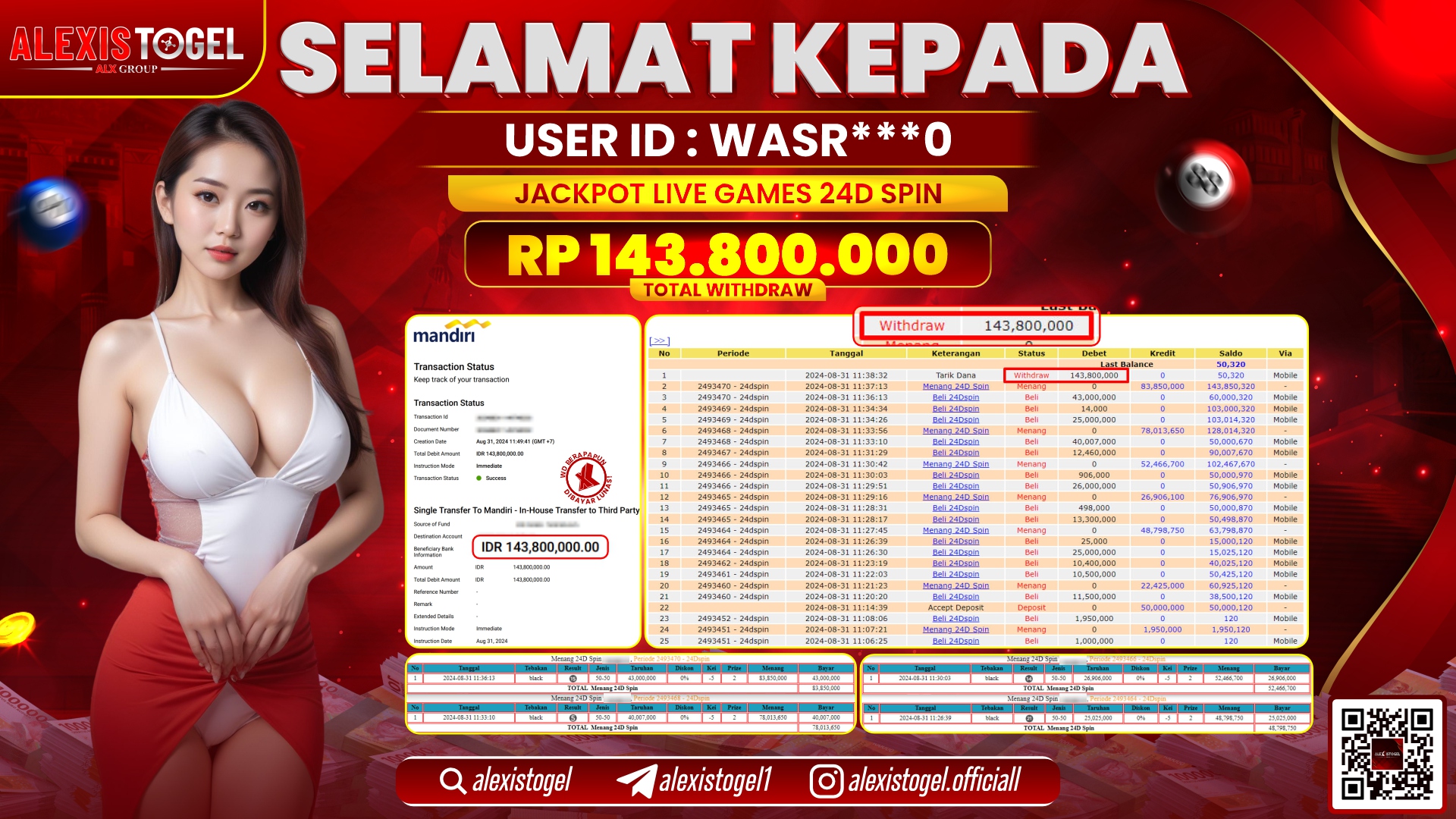 ALEXISTOGEL JACKPOT LIVE GAMES 24D SPIN RP.143.800.000 LUNAS