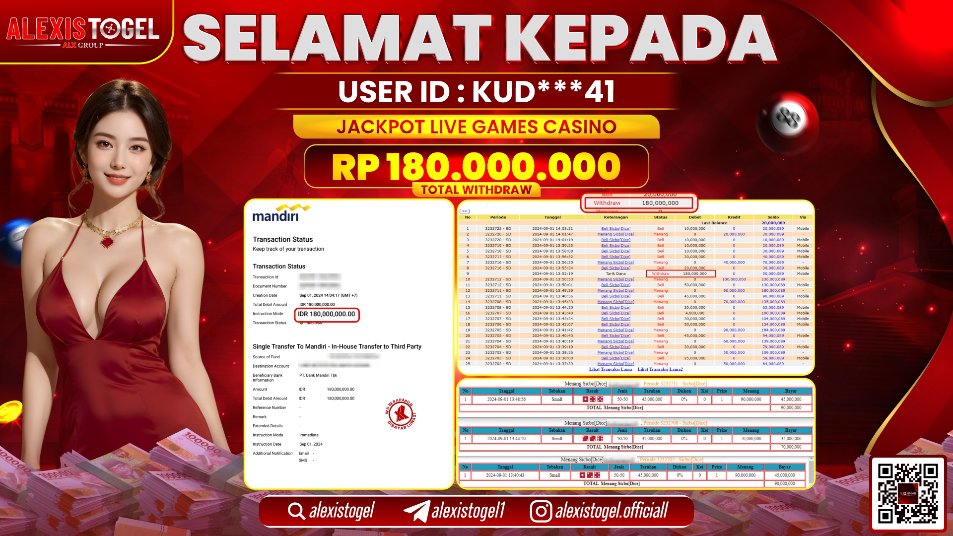 ALEXISTOGEL JACKPOT LIVE CASINO RP.180.000.000 LUNAS