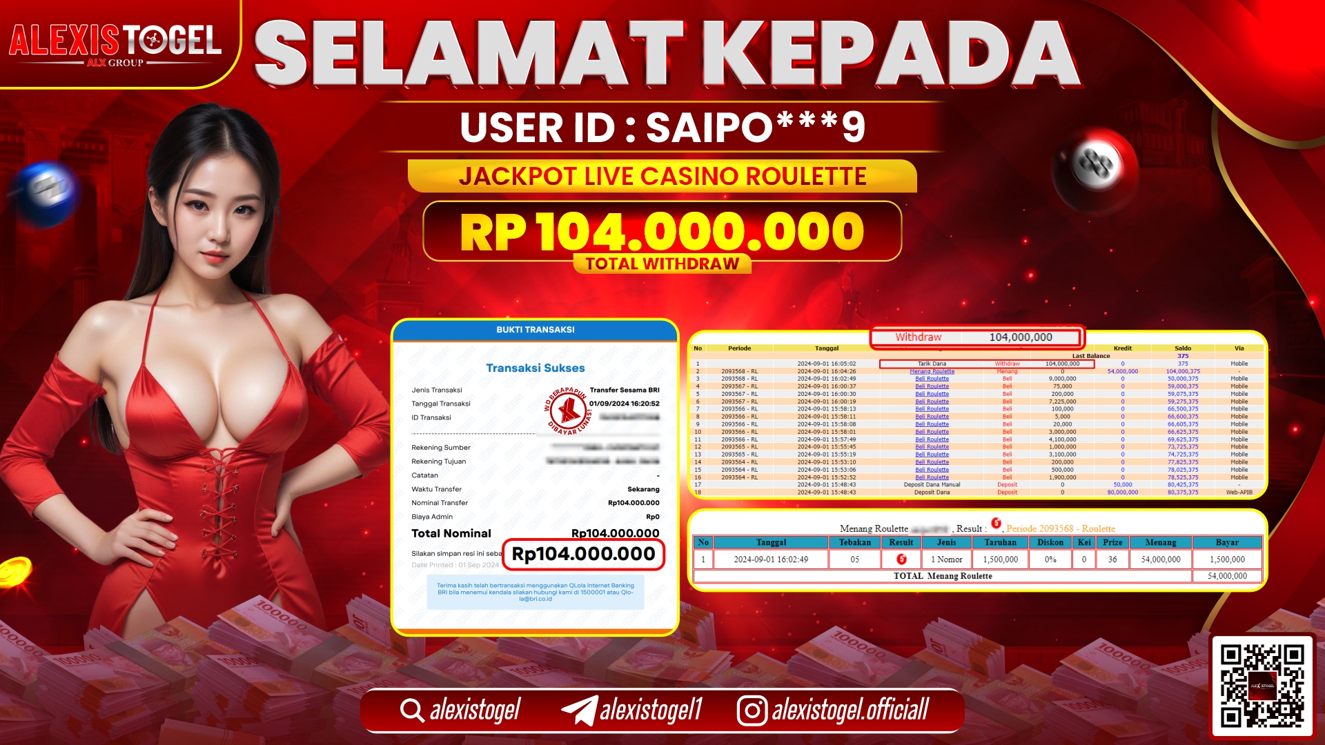 ALEXISTOGEL JACKPOT LIVE CASINO ROULETTE RP.104.000.000 LUNAS