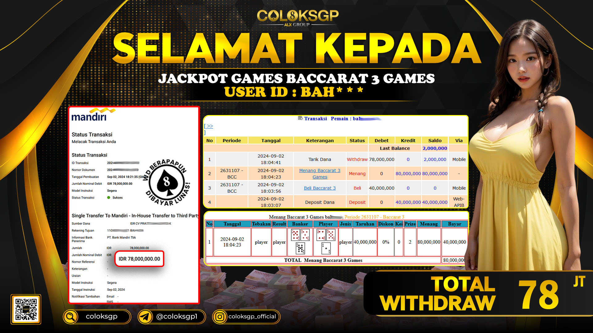 COLOKSGP JACKPOT BACCARAT RP 78.000.000 LUNAS