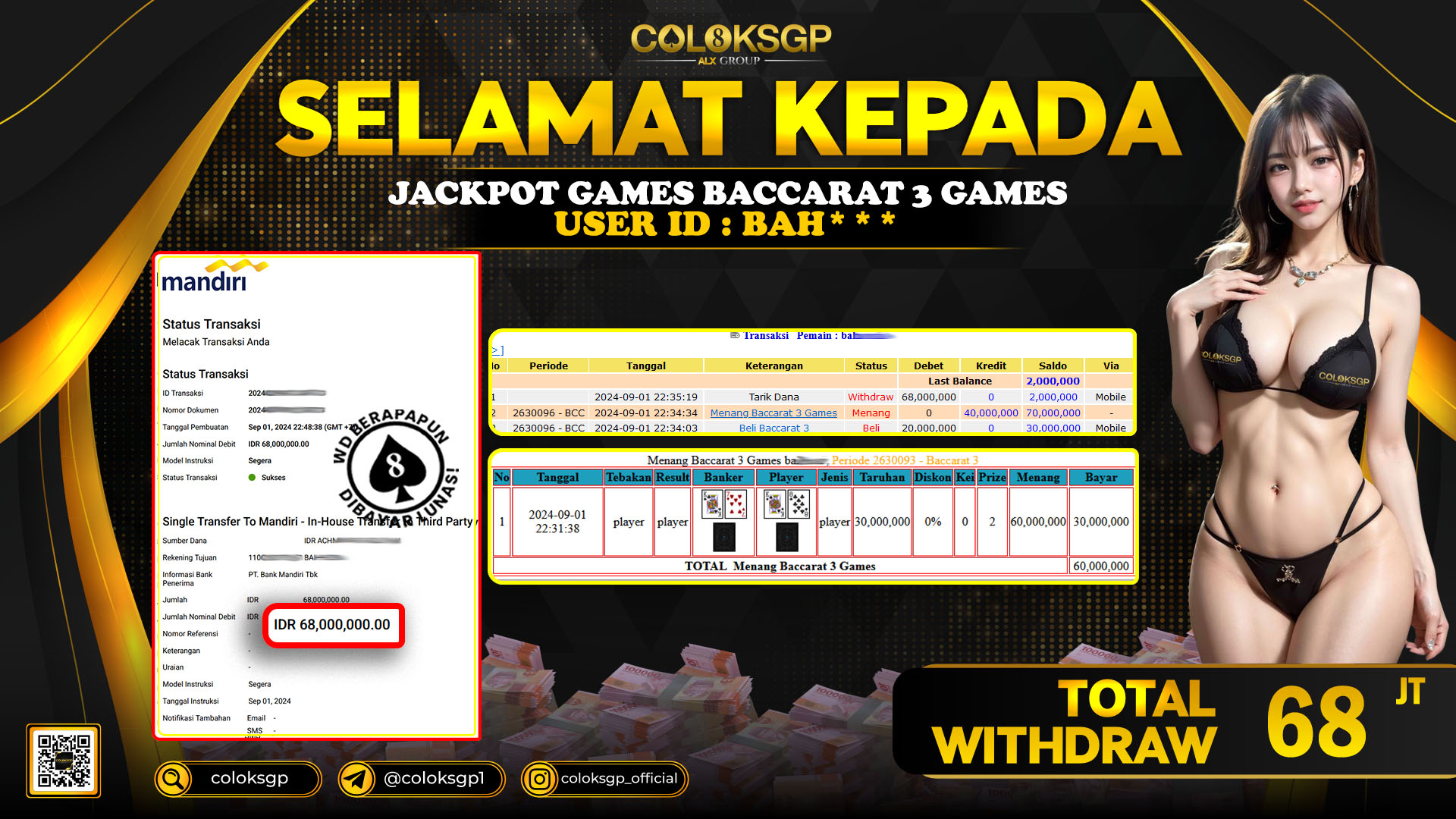 COLOKSGP JACKPOT BACCARAT RP 68.000.000 LUNAS