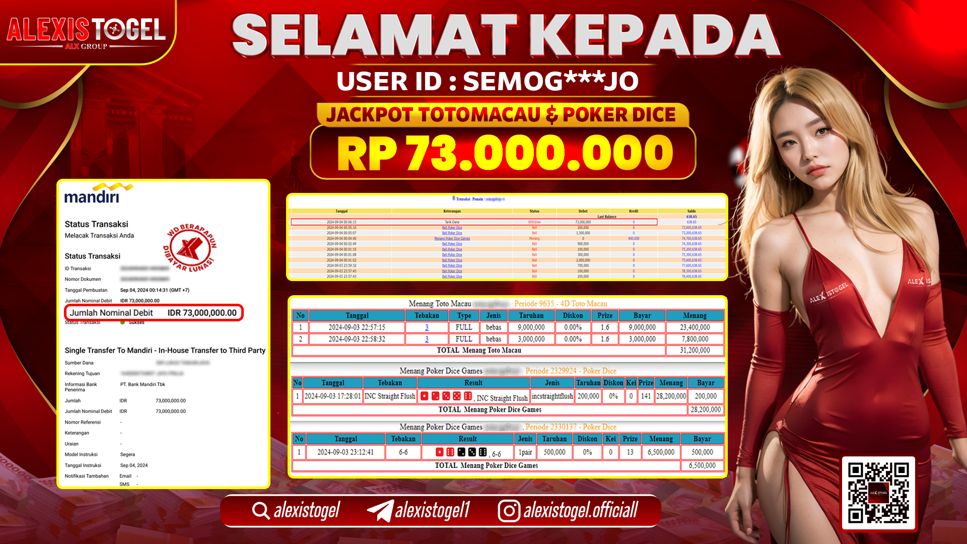 ALEXISTOGEL JACKPOT TOGEL TOTOMACAU & POKER DICE RP.73.000.000 LUNAS
