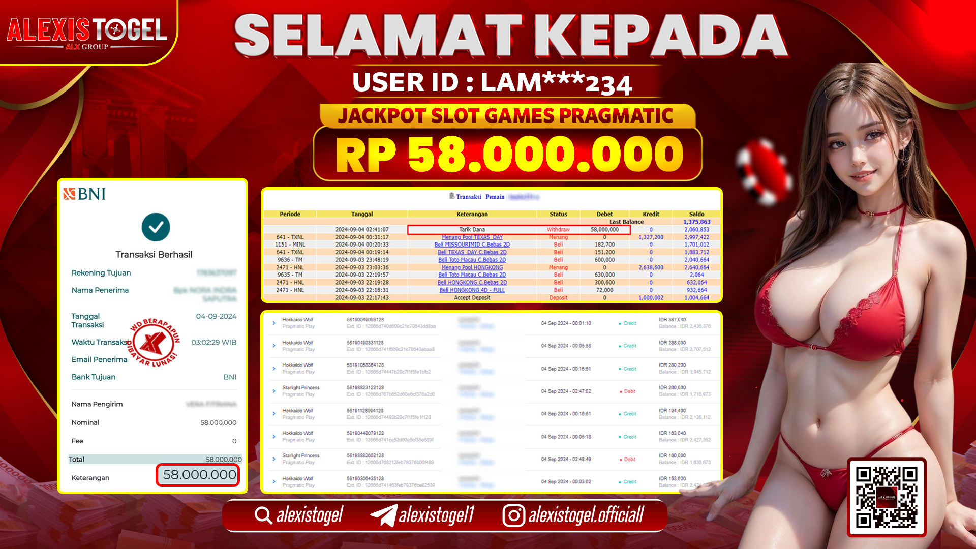 ALEXISTOGEL JACKPOT SLOT PRAGMATIC RP.58.000.000 LUNAS