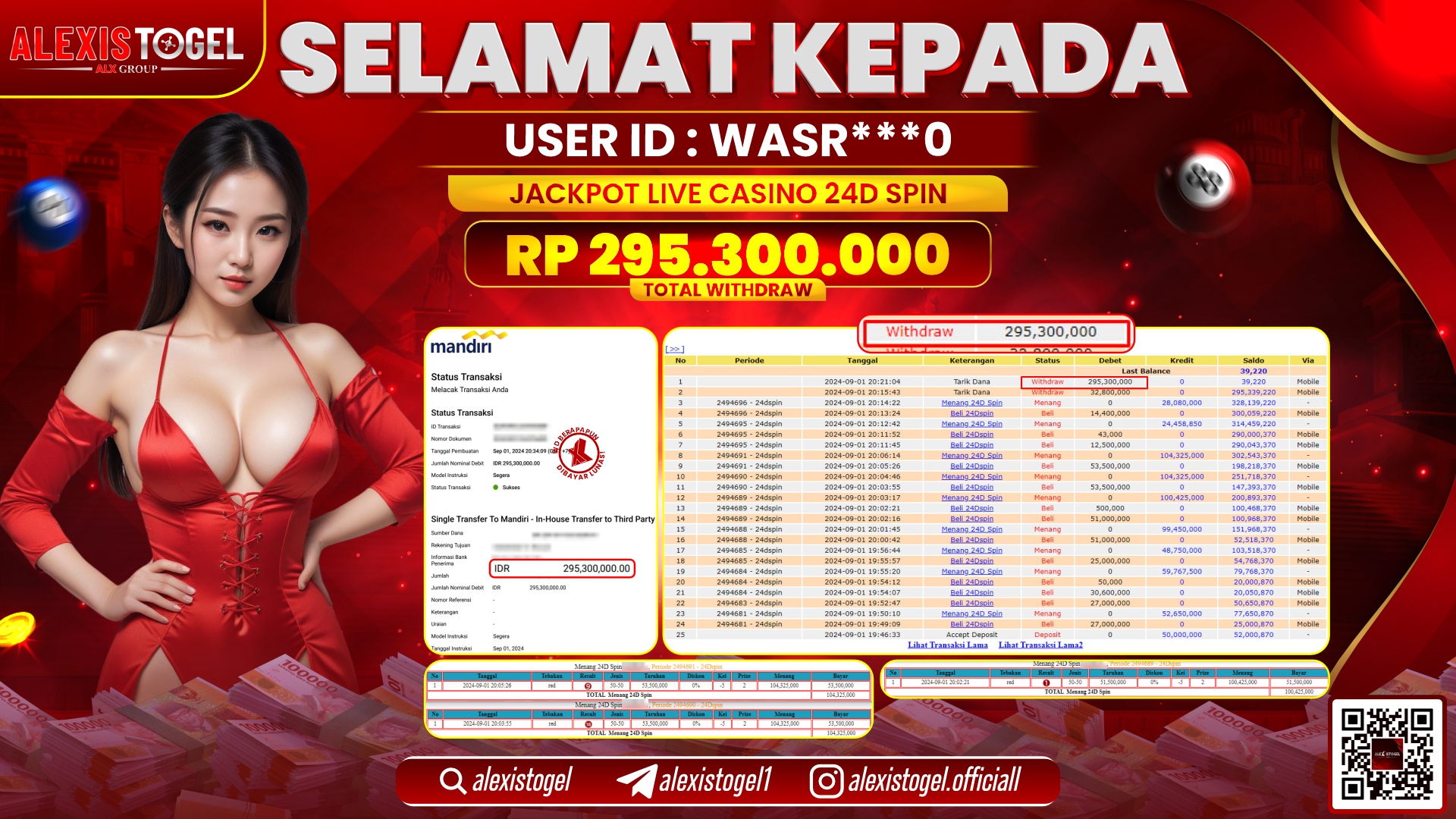 ALEXISTOGEL JACKPOT LIVE CASINO 24D SPIN RP.295.300.000 LUNAS