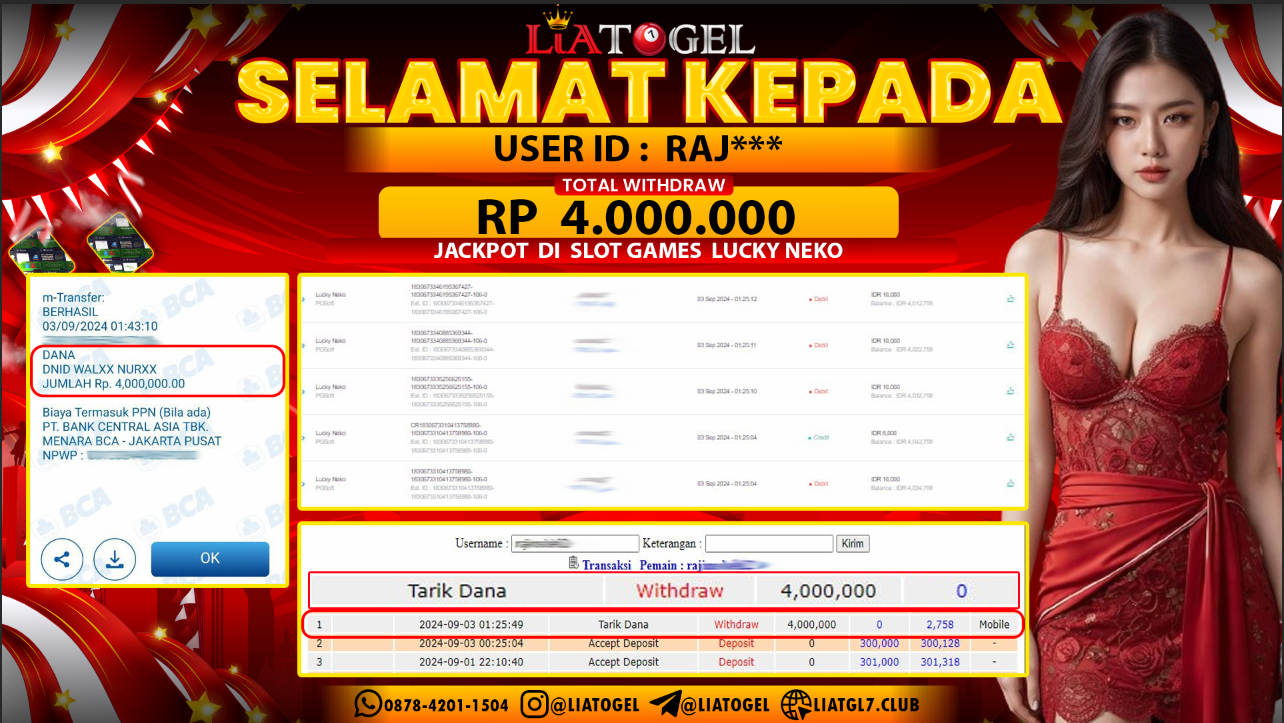 LIATOGEL - JACKPOT SLOT GAMES LUCKY NEKO RP  4.000.000,- LUNAS
