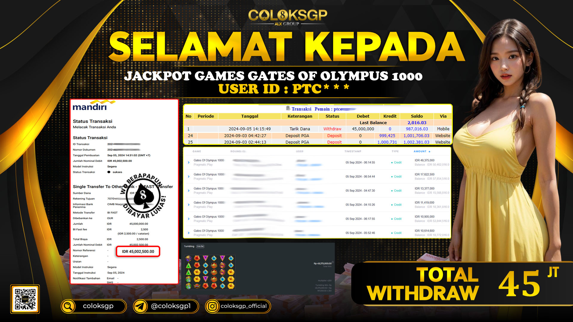 COLOKSGP JACKPOT SLOT GAMES RP 45.000.000 LUNAS