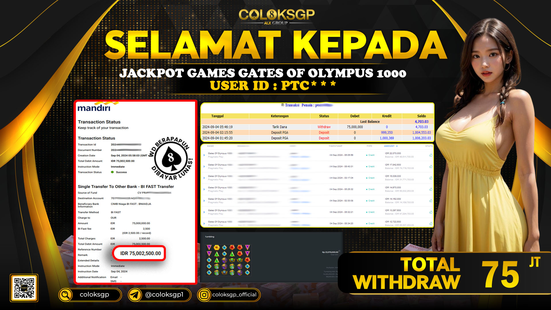 COLOKSGP JACKPOT SLOT GAMES RP 75.000.000 LUNAS