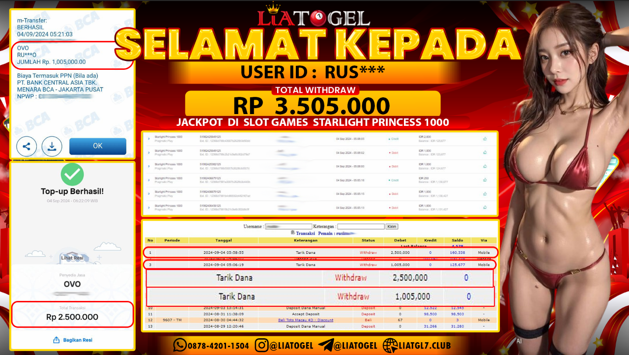 LIATOGEL - JACKPOT SLOT STARLIGHT PRINCESS 1000 GAMES RP  3.505.000,- LUNAS