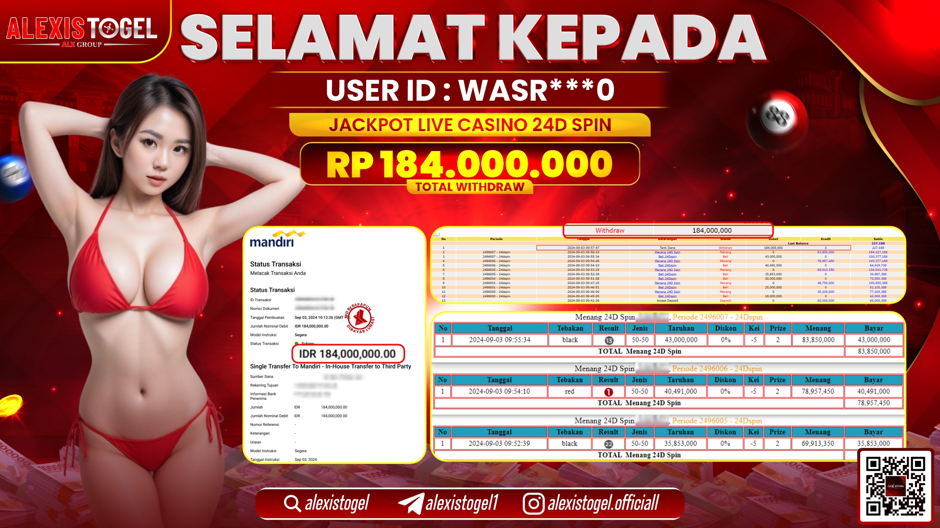 ALEXISTOGEL JACKPOT LIVE CASINO 24D SPIN RP.184.000.000 LUNAS