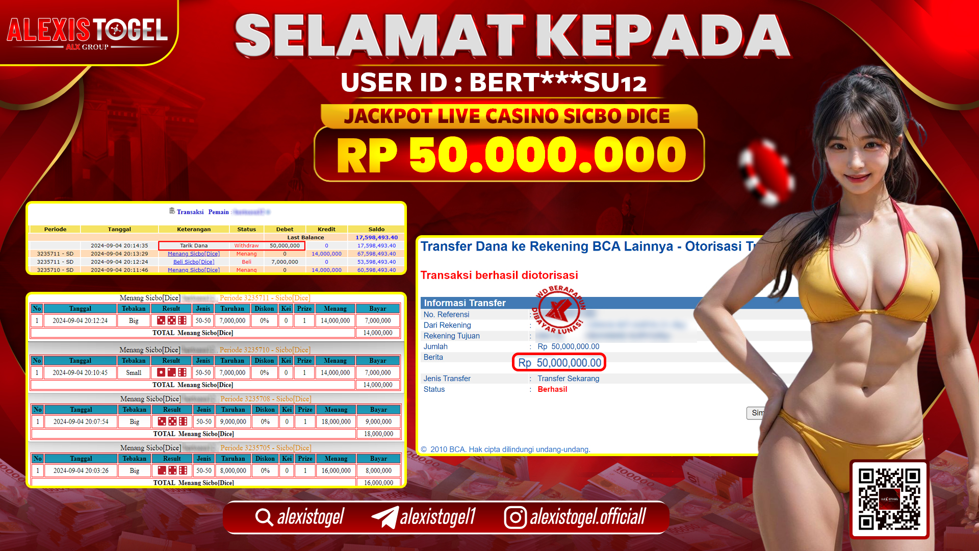 ALEXISTOGEL JACKPOT CASINO SICBO DICE RP.50.000.000 LUNAS