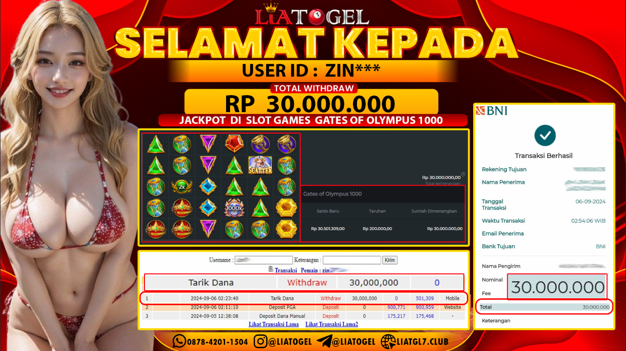 LIATOGEL - JACKPOT SLOT GATES OF OLYMPYUS 1000 GAMES RP  30.000.000,- LUNAS