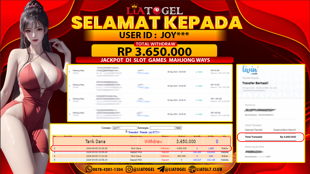 LIATOGEL - JACKPOT SLOT GAMES MAHJONG WAYS RP  3.650.000,- LUNAS