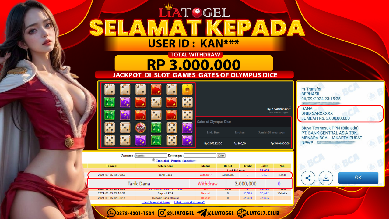 LIATOGEL - JACKPOT SLOT GAMES GATES OF OLYMPUS DICE RP  3.000.000,- LUNAS