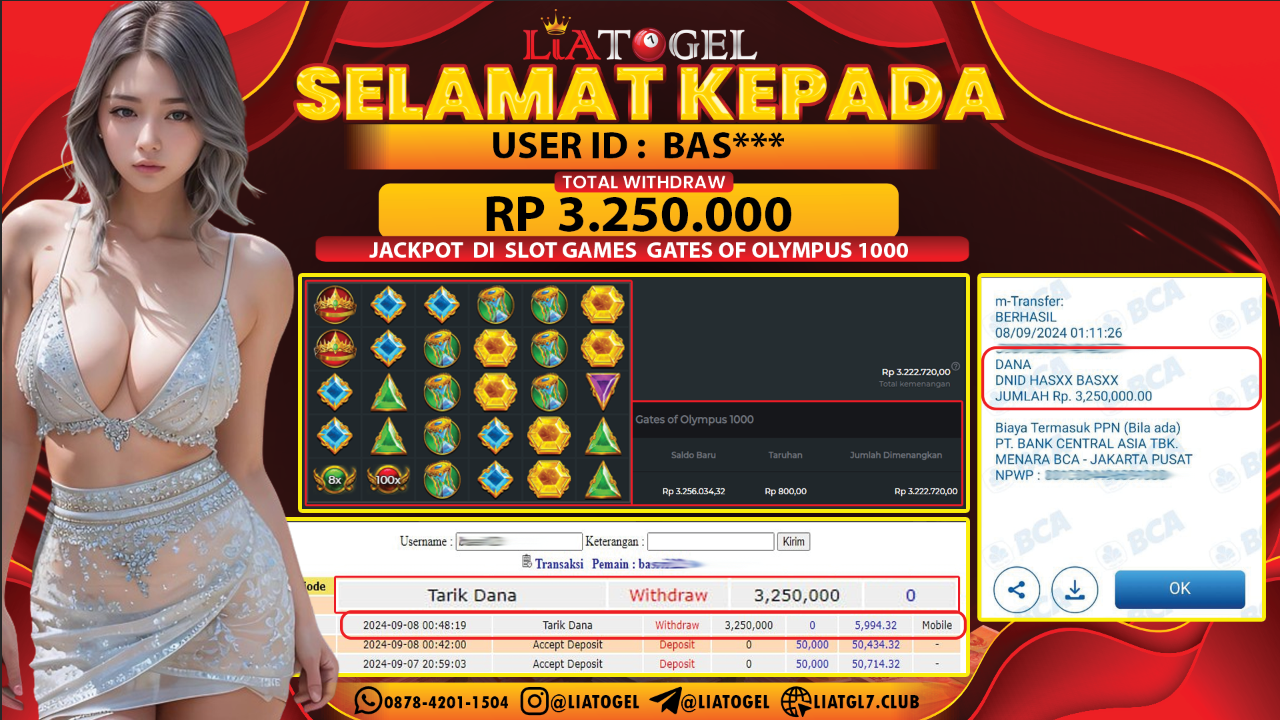 LIATOGEL - JACKPOT SLOT GATES OF OLYMPUS 1000 GAMES RP  3.250.000,- LUNAS