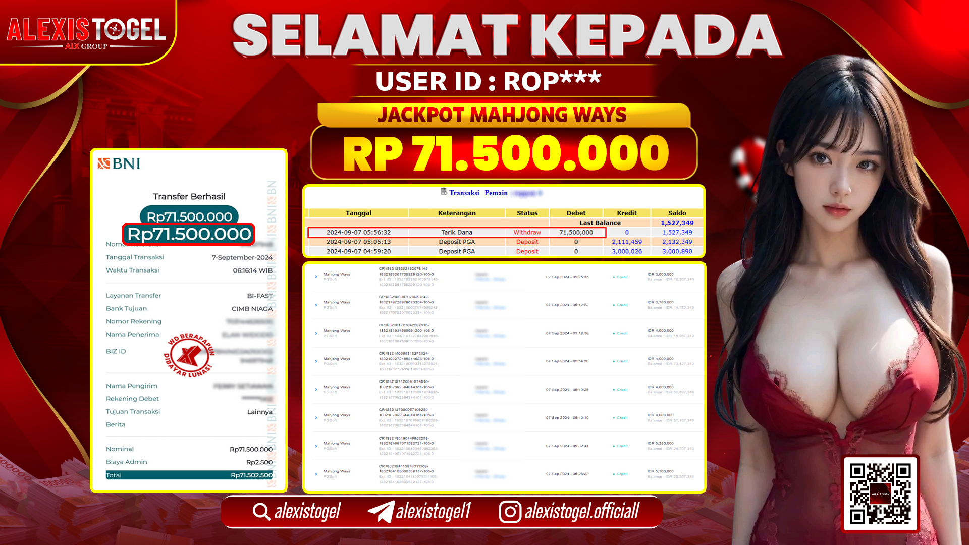 ALEXISTOGEL JACKPOT SLOT MAHJONG WAYS RP.71.500.000 LUNAS