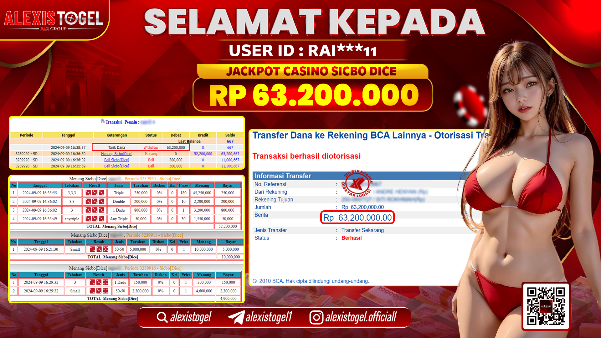 ALEXISTOGEL JACKPOT LIVE CASINO SICBO RP.63.200.000 LUNAS