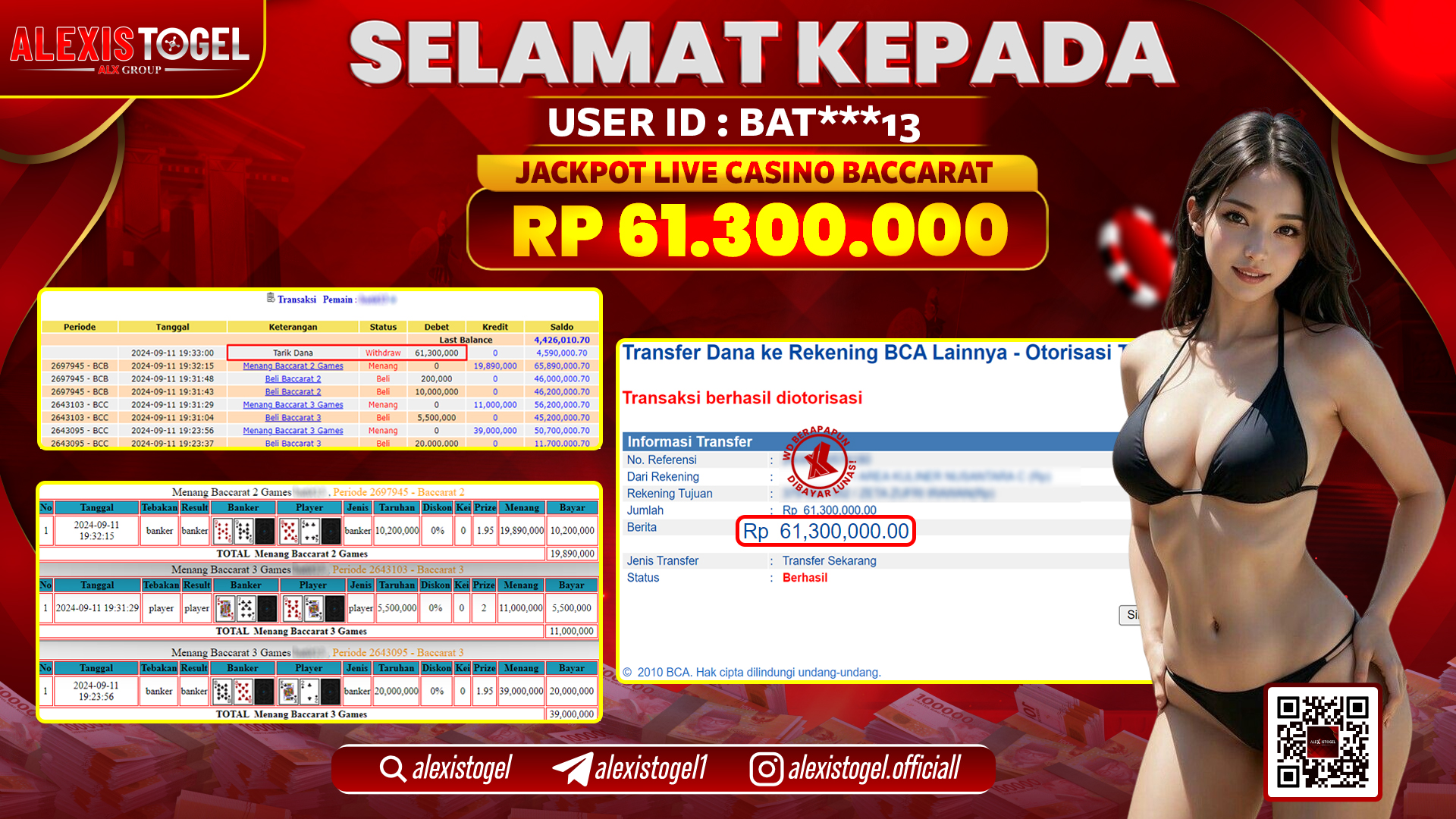 ALEXISTOGEL JACKPOT LIVE CASINO BACCARAT RP.61.300.000 LUNAS