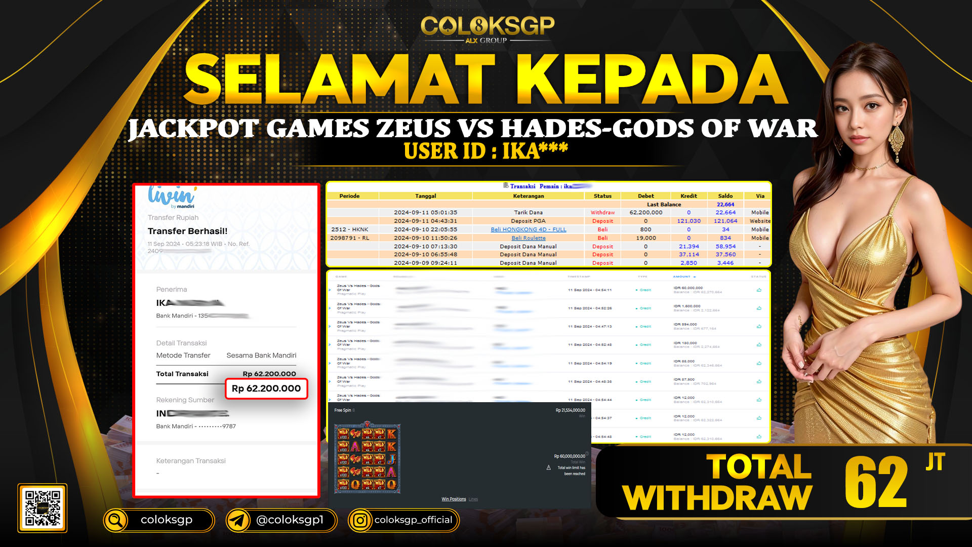 COLOKSGP JACKPOT SLOT GAMES RP 62.000.000 LUNAS