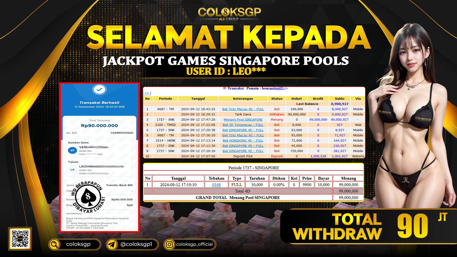 COLOKSGP JACKPOT SINGAPORE POOLS RP 90.000.000 LUNAS