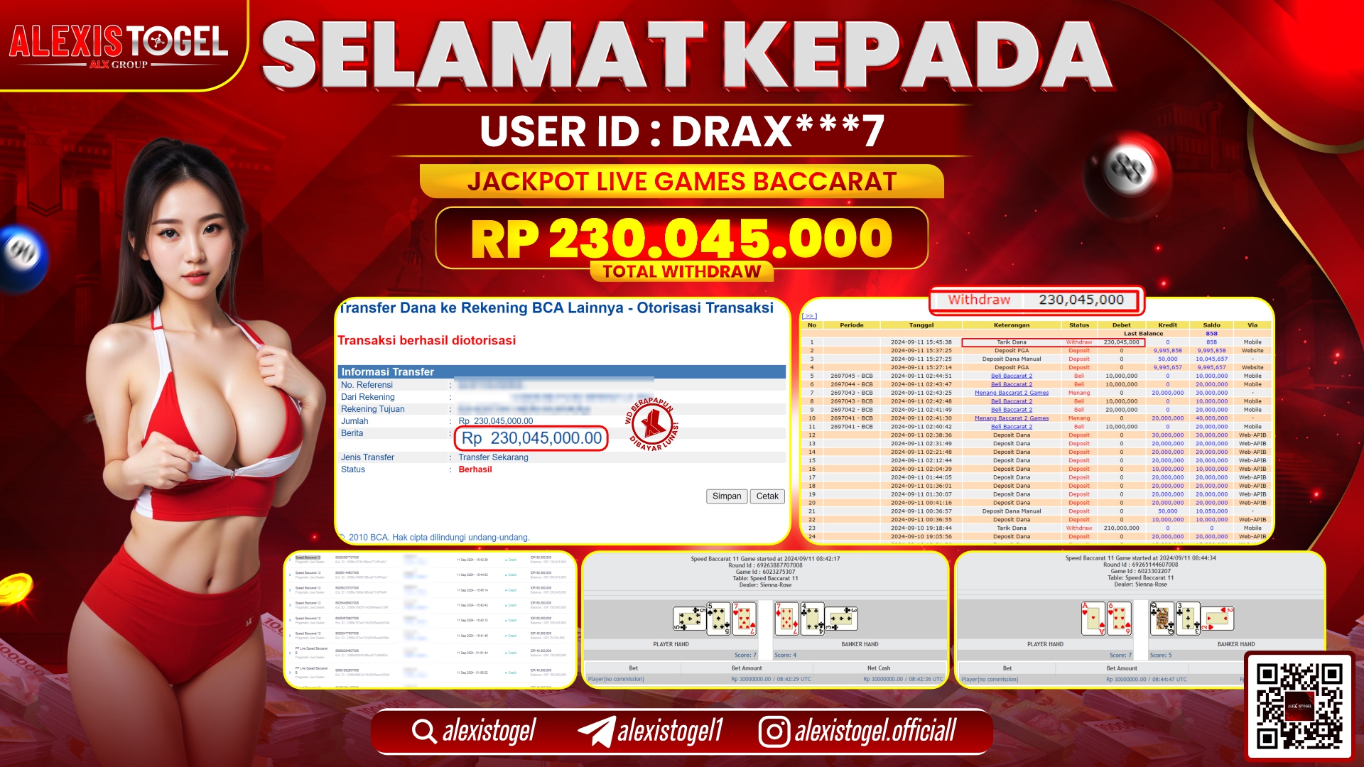 ALEXISTOGEL JACKPOT LIVE GAMES BACCARAT RP.230.045.000 LUNAS