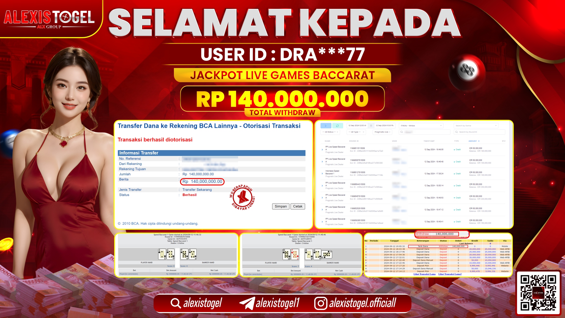 ALEXISTOGEL JACKPOT LIVE GAMES BACCARAT  RP.140.000.000 LUNAS