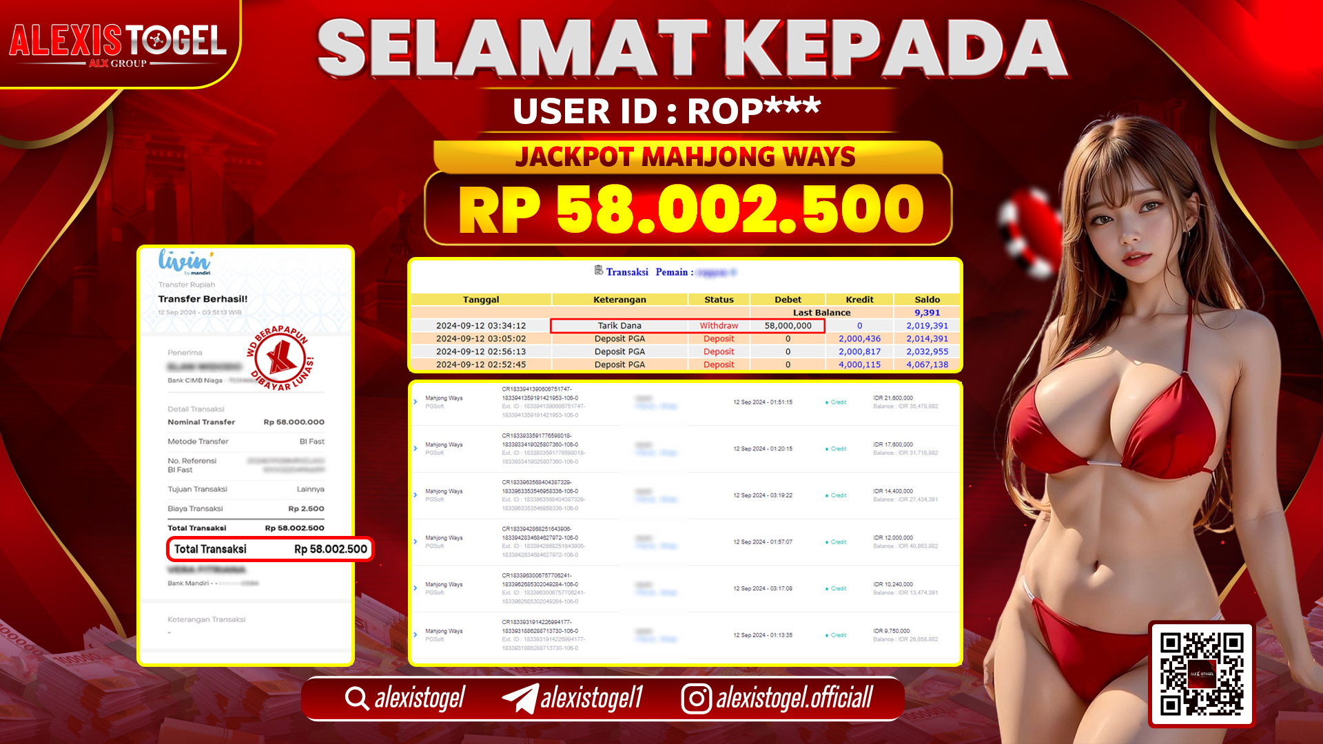 ALEXISTOGEL JACKPOT SLOT MAHJONG WAYS  RP.58.002.500 LUNAS