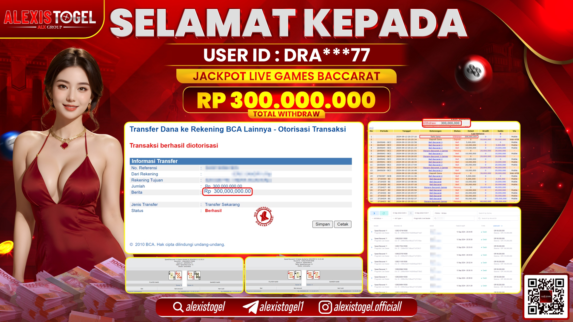 ALEXISTOGEL JACKPOT LIVE GAMES BACCARAT  RP.300.000.000 LUNAS