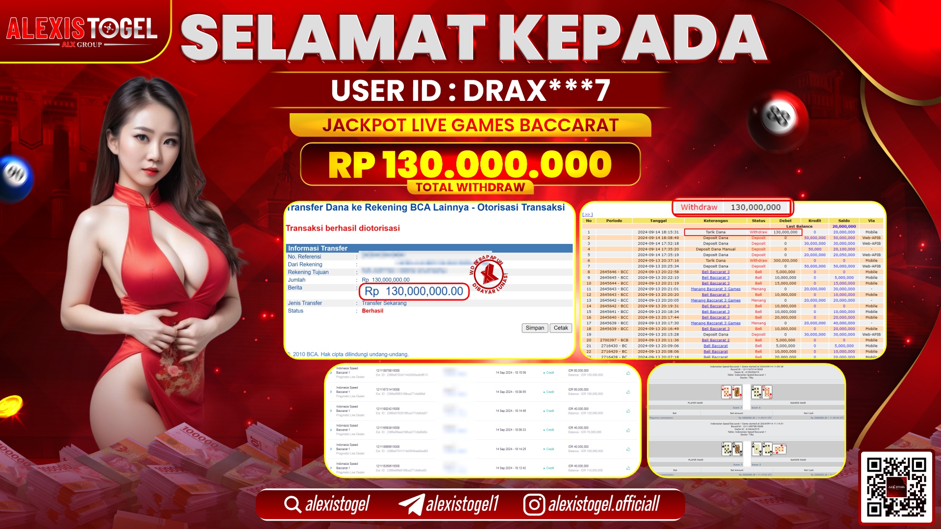 ALEXISTOGEL JACKPOT LIVE GAMES BACCARAT RP.130.000.000 LUNAS