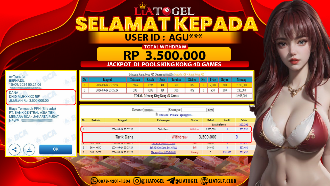 LIATOGEL - JACKPOT POOLS KING KONG 4D GAMES  RP  3.500.000,- LUNAS