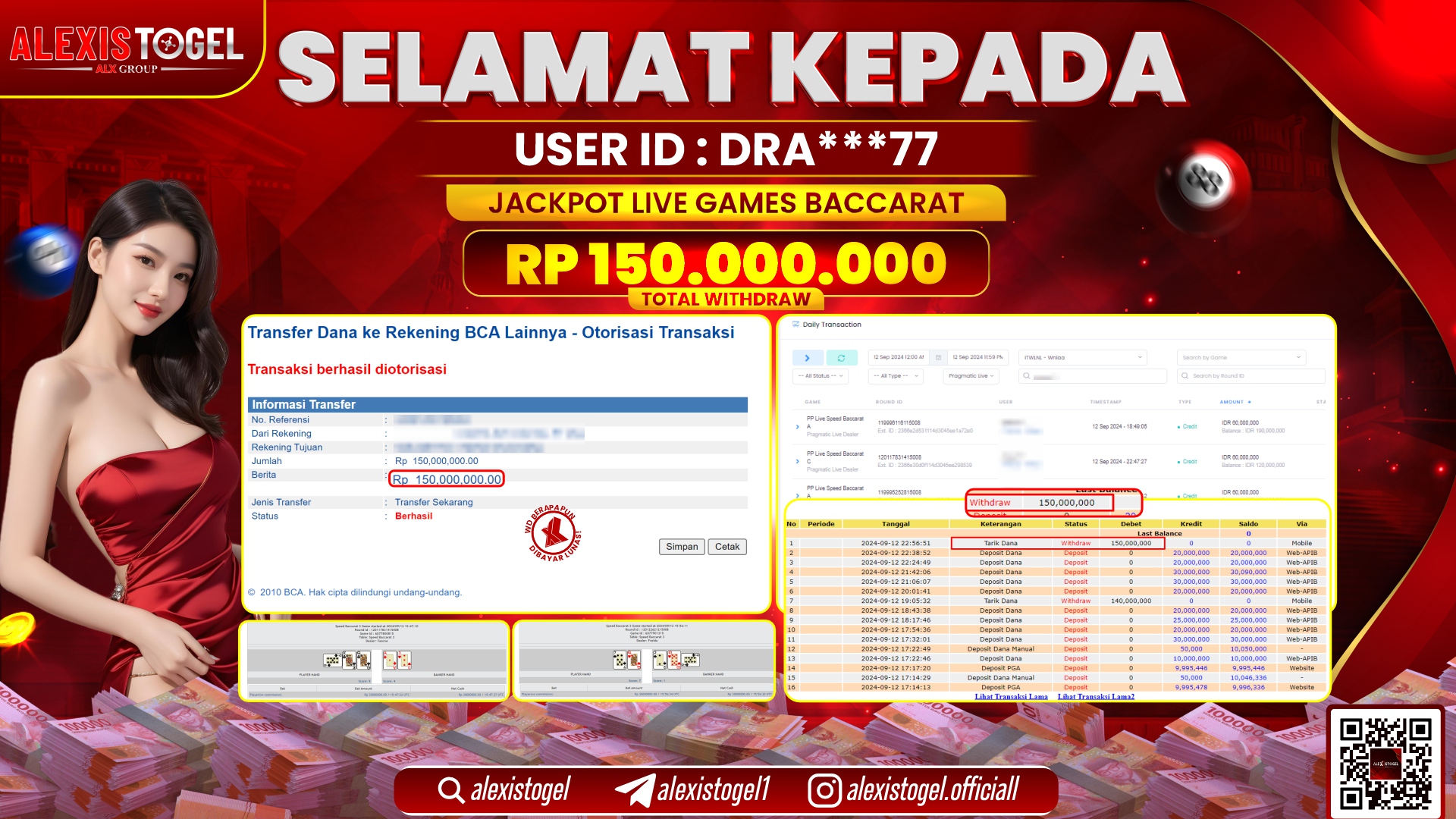 ALEXISTOGEL JACKPOT LIVE GAMES BACCARAT  RP.150.000.000 LUNAS