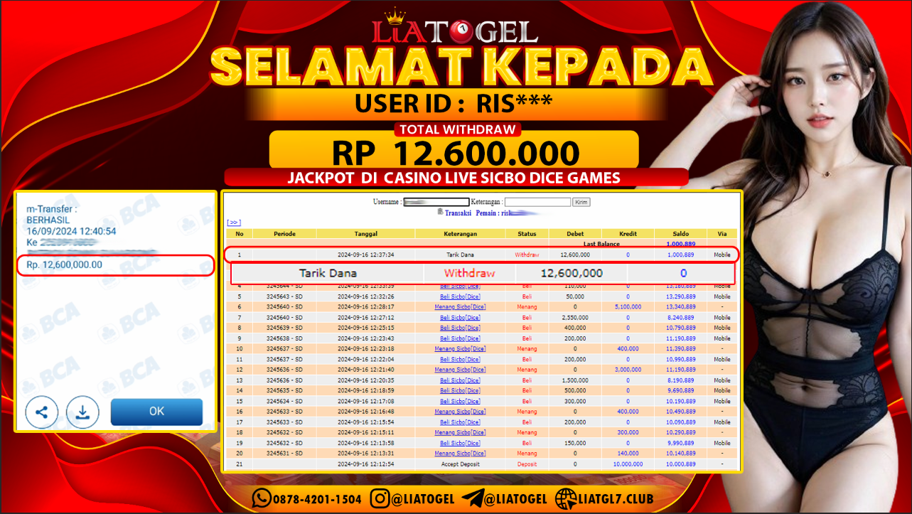 LIATOGEL - JACKPOT CASINO LIVE SICBO DICE GAMES  RP  12.600.000,- LUNAS