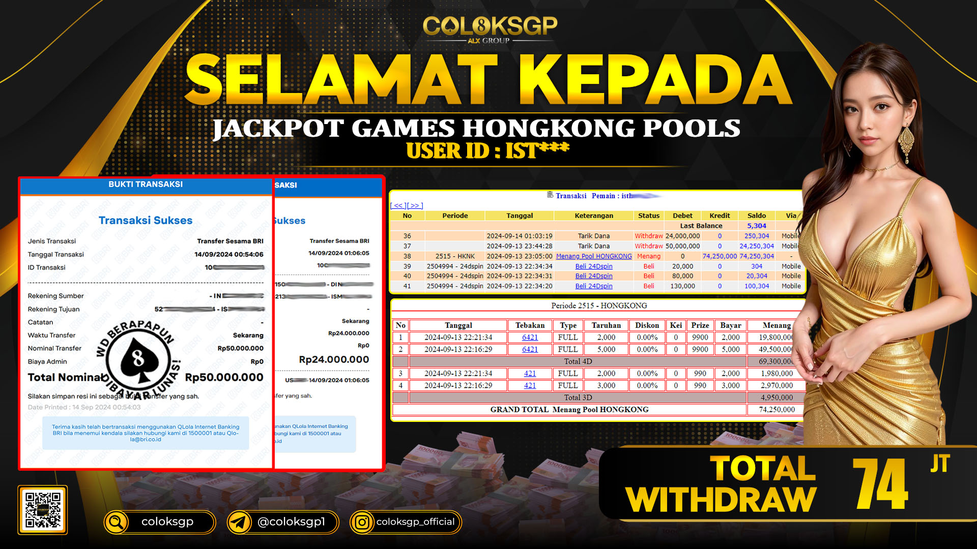 COLOKSGP JACKPOT HONGKONG POOLS RP 74.000.000 LUNAS