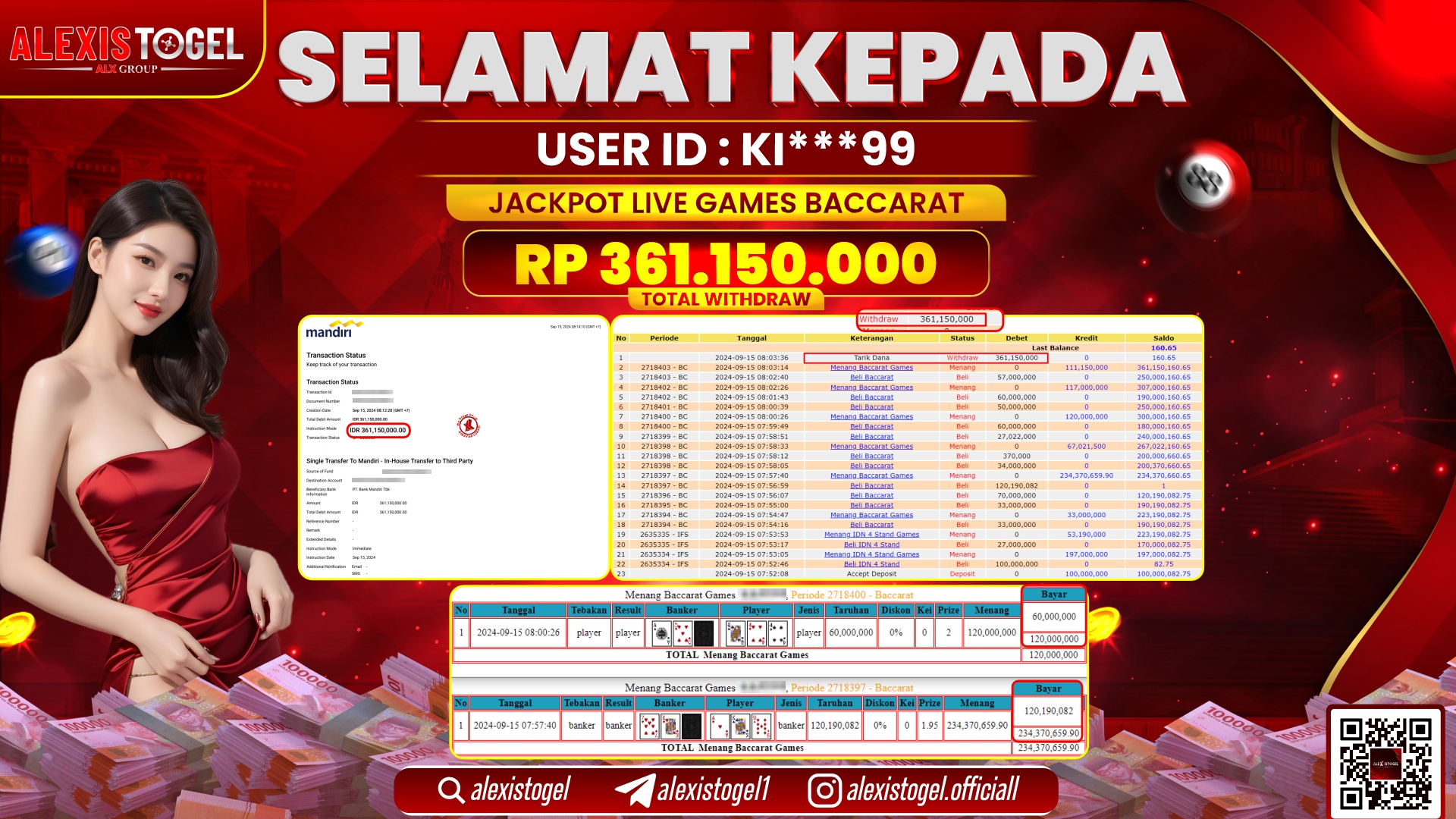 ALEXISTOGEL JACKPOT LIVE GAMES BACCARAT RP.361.150.000 LUNAS