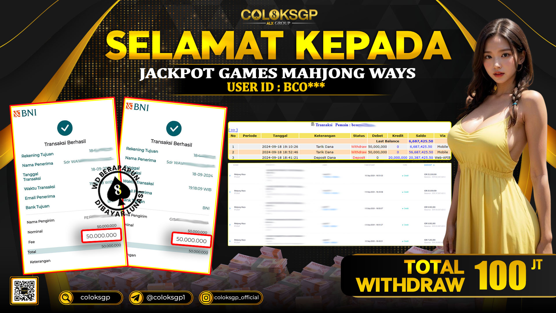 COLOKSGP JACKPOT SLOT GAMES RP 100.000.000 LUNAS
