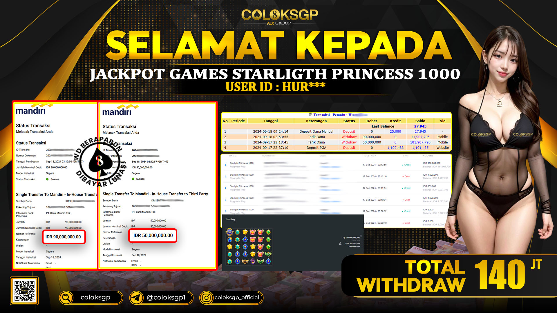 COLOKSGP JACKPOT SLOT GAMES RP 140.000.000 LUNAS