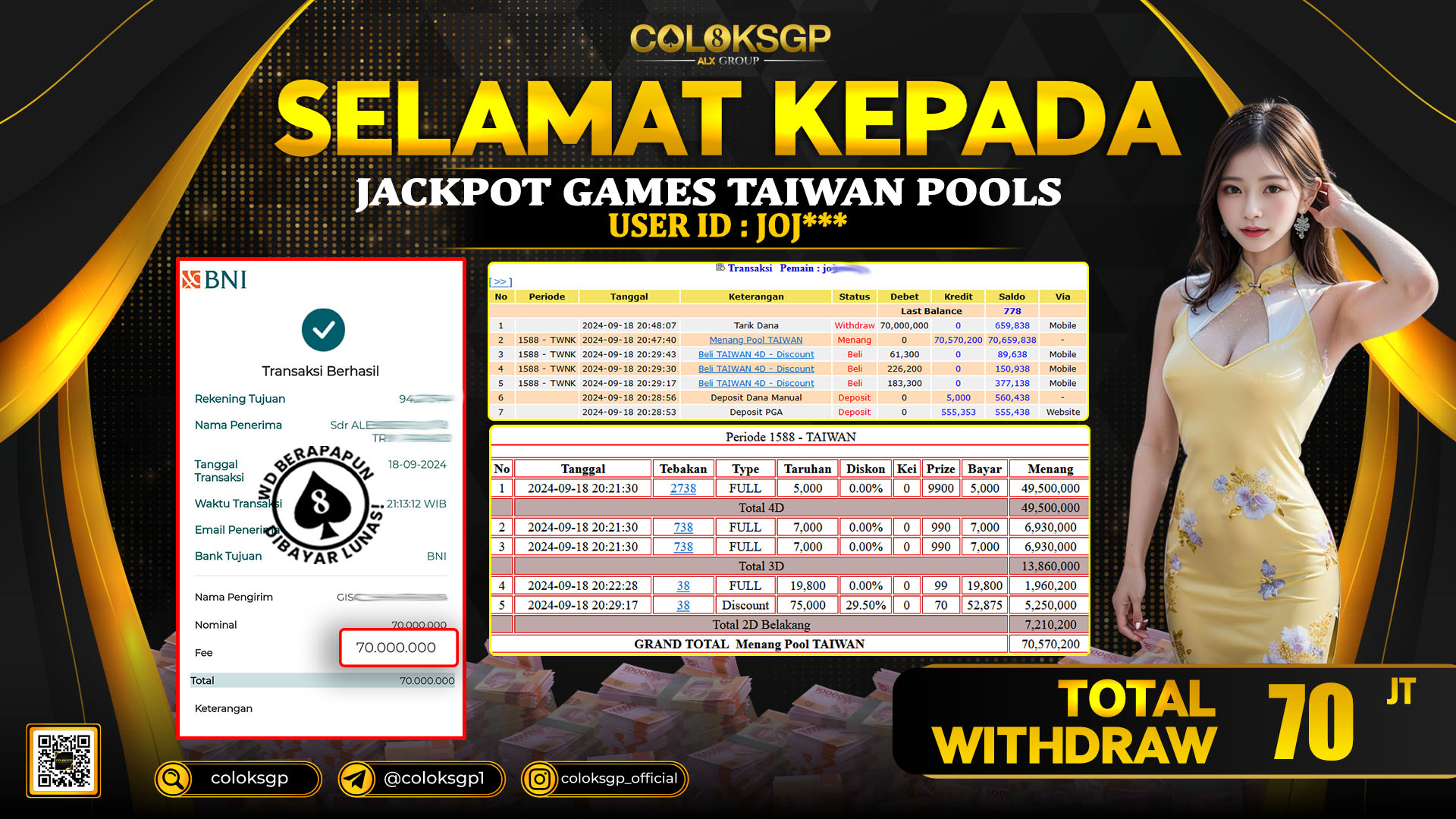 COLOKSGP JACKPOT TAIWAN POOLS RP 70.000.000 LUNAS