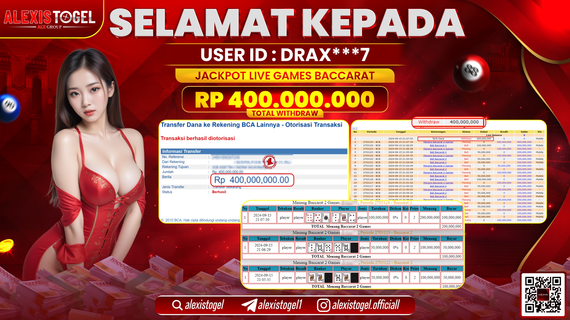 ALEXISTOGEL JACKPOT LIVE GAMES BACCARAT RP.400.000.000 LUNAS