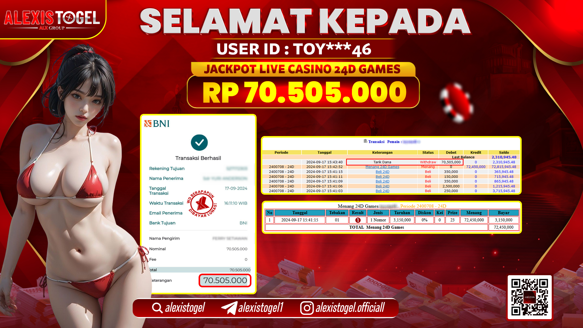 ALEXISTOGEL JACKPOT LIVE CASINO 24D RP.70.505.000 LUNAS