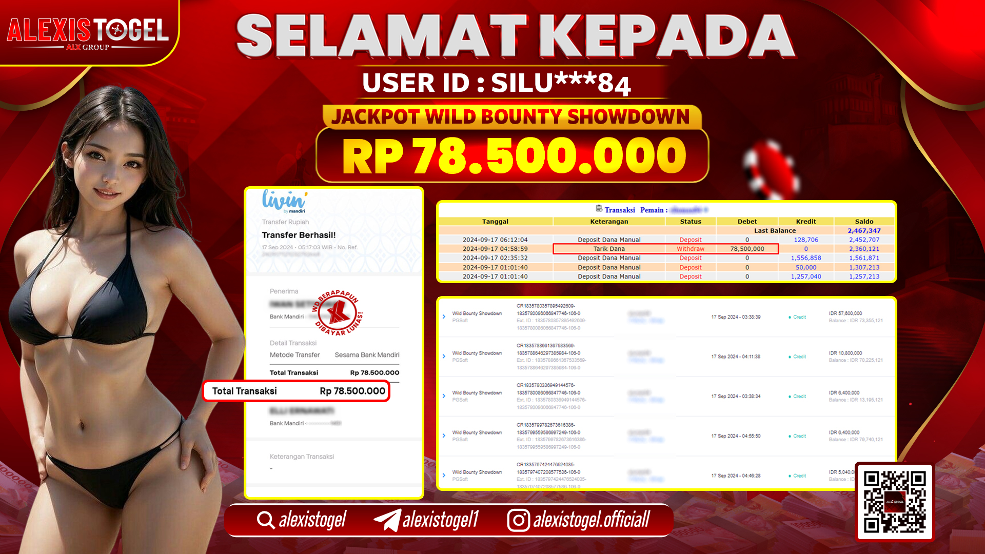 ALEXISTOGEL JACKPOT SLOT WILD BOUNTY RP.78.500.000 LUNAS