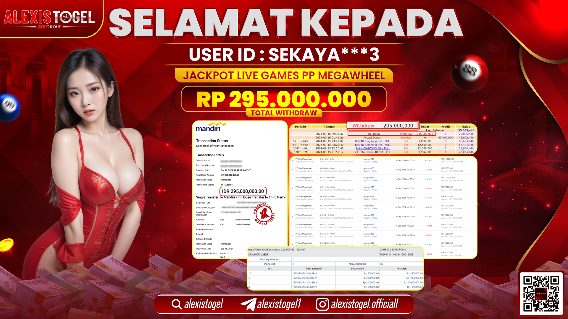 ALEXISTOGEL JACKPOT LIVE GAMES PP MEGAWHELL RP.295.000.000 LUNAS
