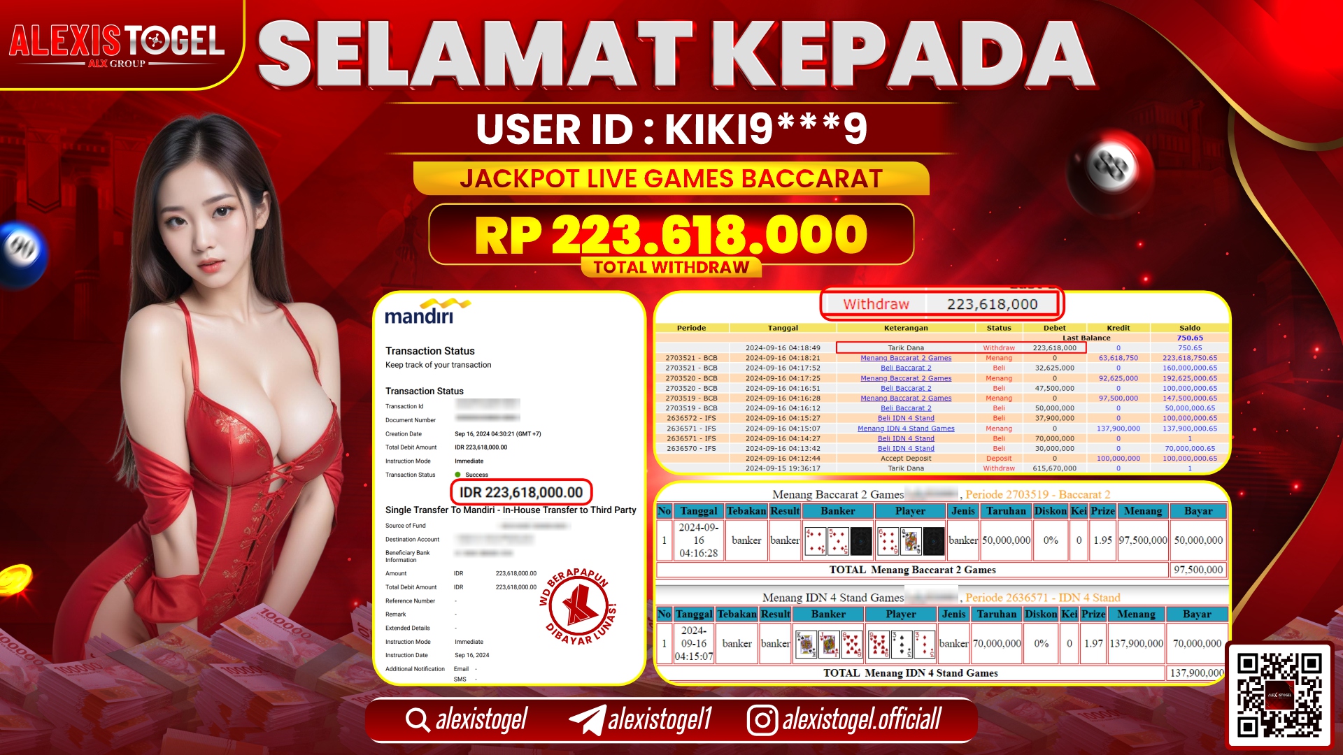 ALEXISTOGEL JACKPOT LIVE GAMES BACCARAT RP.223.618.000 LUNAS